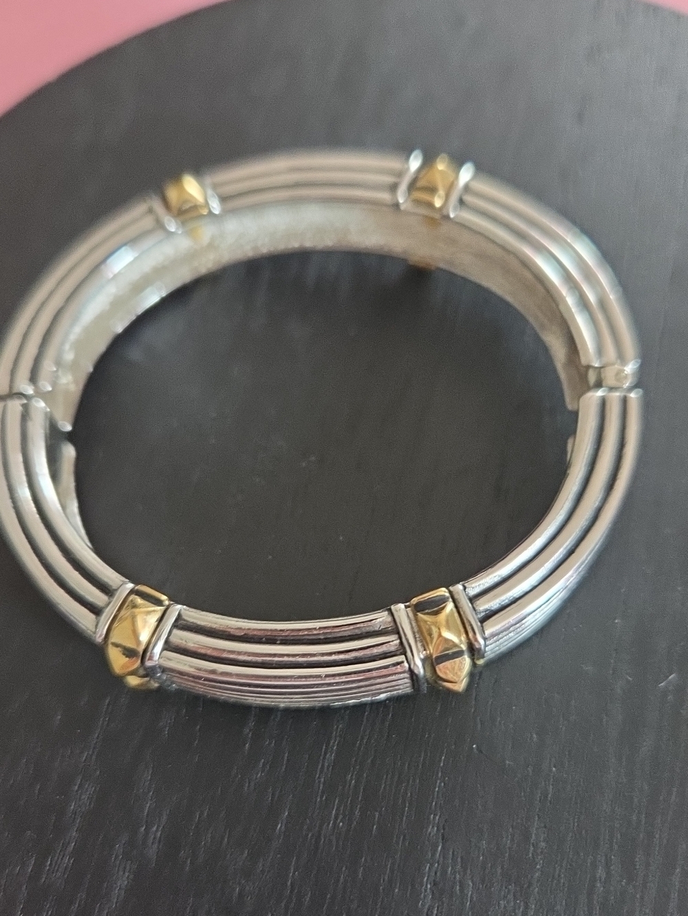 Two-Tone Silver and Gold Ribbed Stackable Bangle Bracelet - Picture 4 of 9